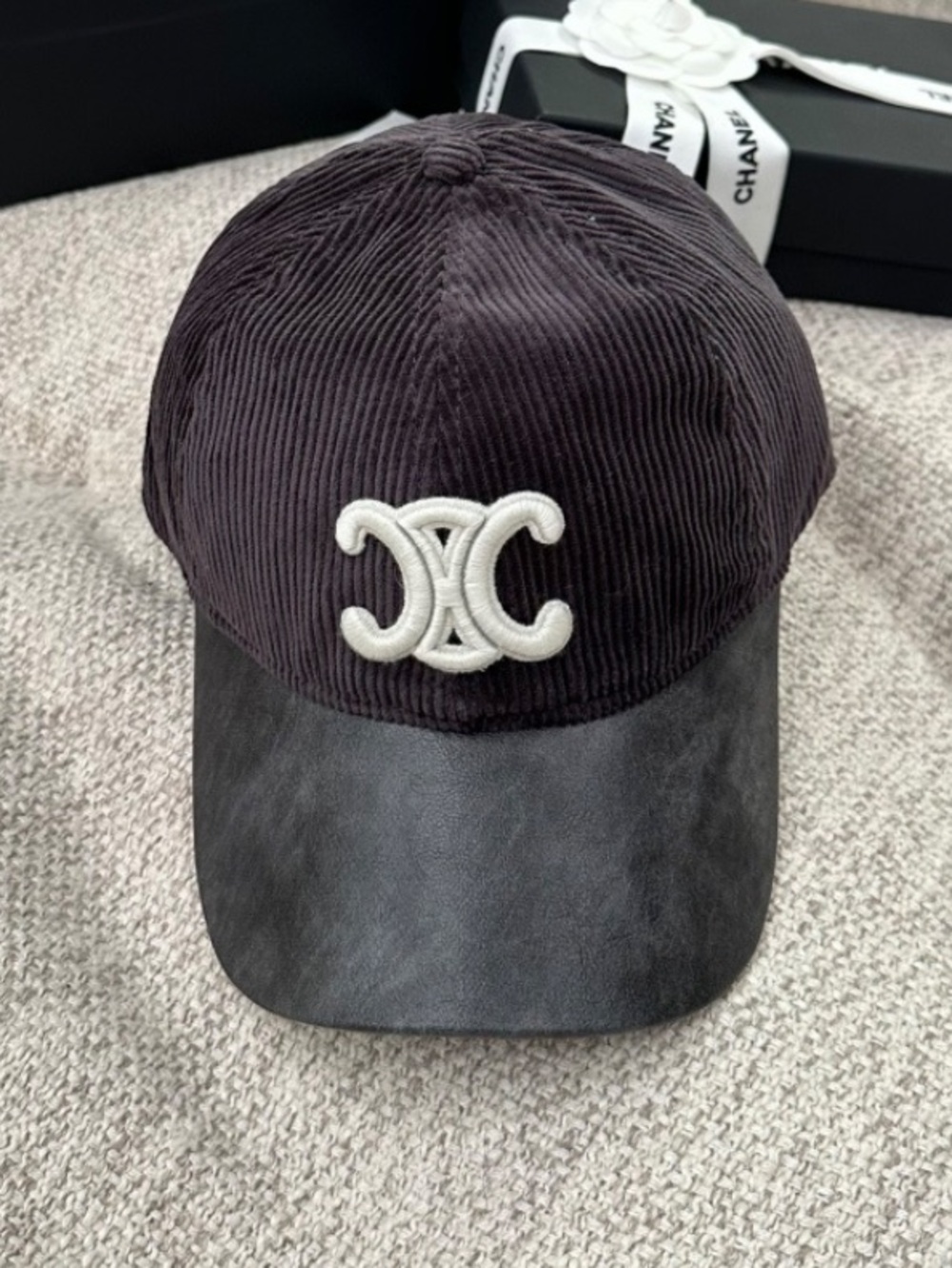 Celine: Black Corduroy Triomphe. Embroidered Logo Baseball Hat Cap
